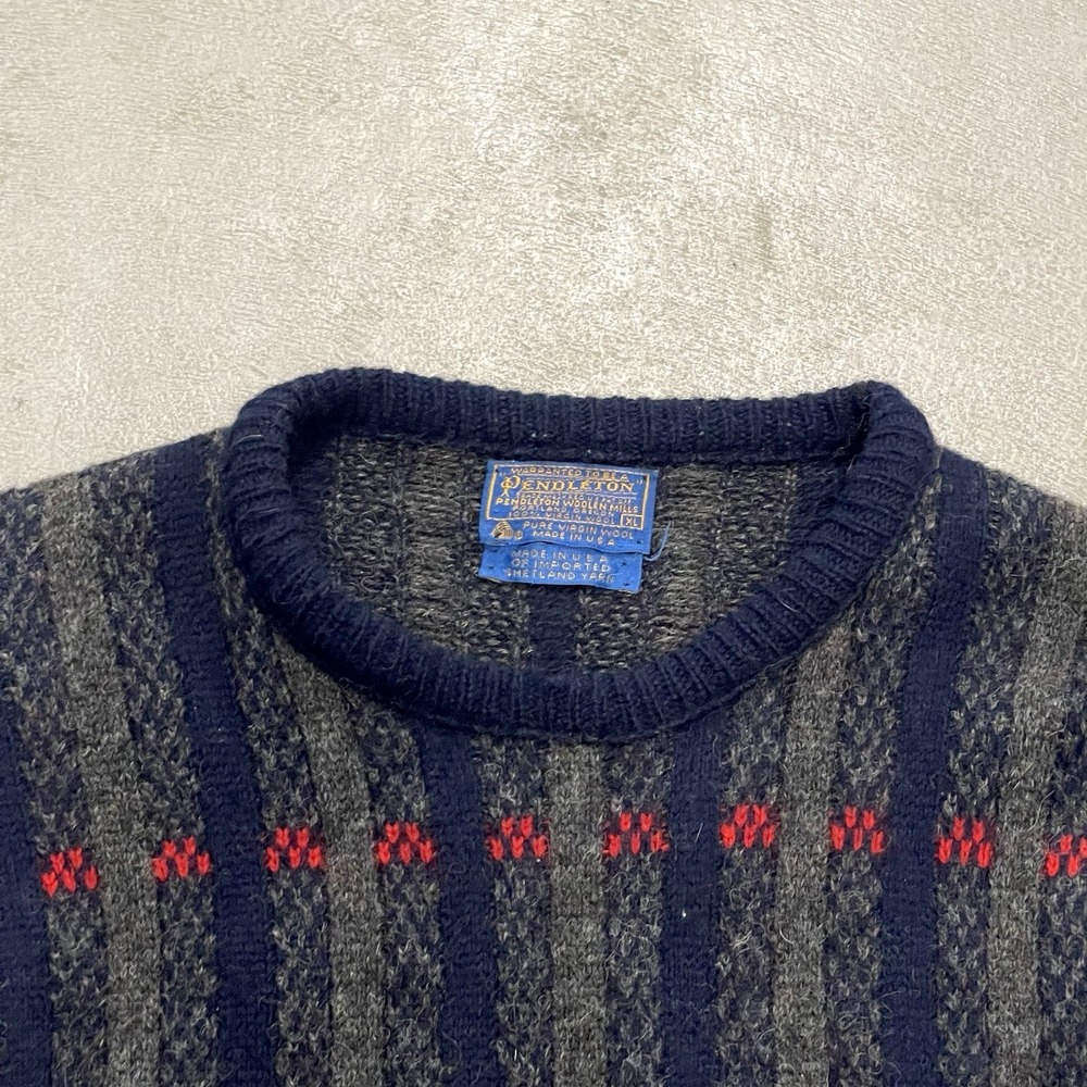 Vintage 80s Men's Pendleton Wool Sweater Stripe Checkered Made in USA XL FLAWED - Picture 3 of 10